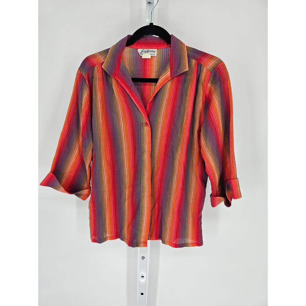 Lady Holiday Multicolored Cotton Blend Striped 3/4 Sleeve Button-Up Shirt Size S